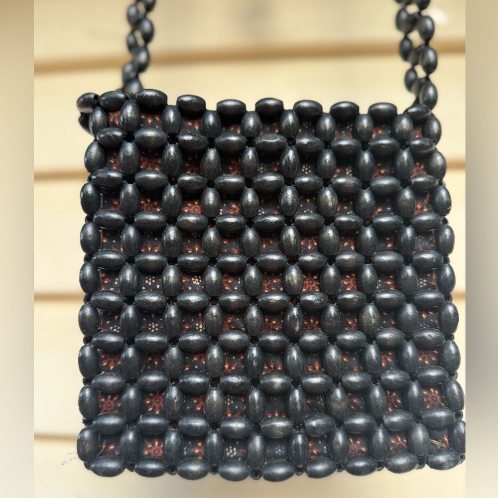 The Sak Vintage Black Wooden Beaded Mini Crossbody Bag, Long Handle,7x7x1 inches